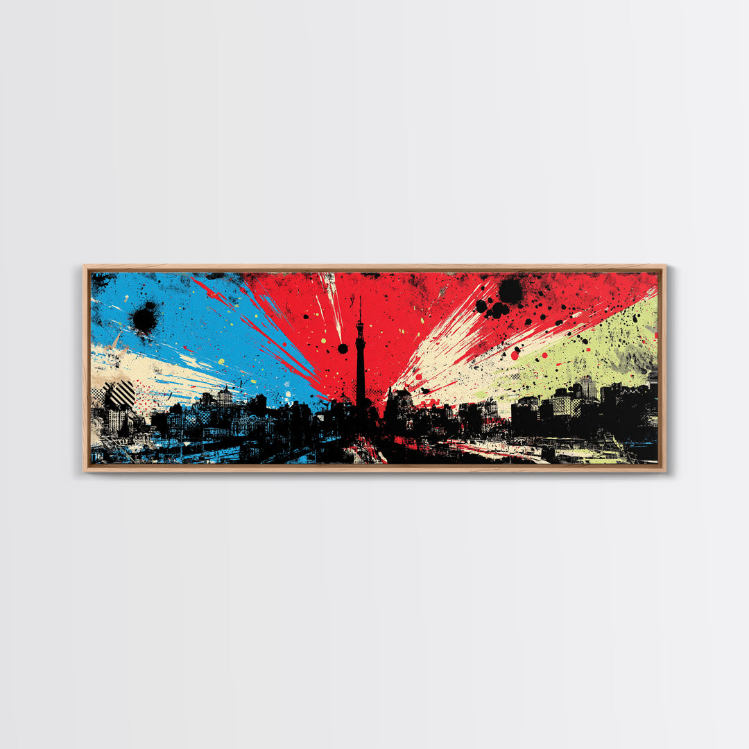 Paint Drips Forming a Skyline Silhouette Framed Canvas Print, Graffiti Art, Boho Wall Decor, Living Room Decor, Street, GRF-3x1-77