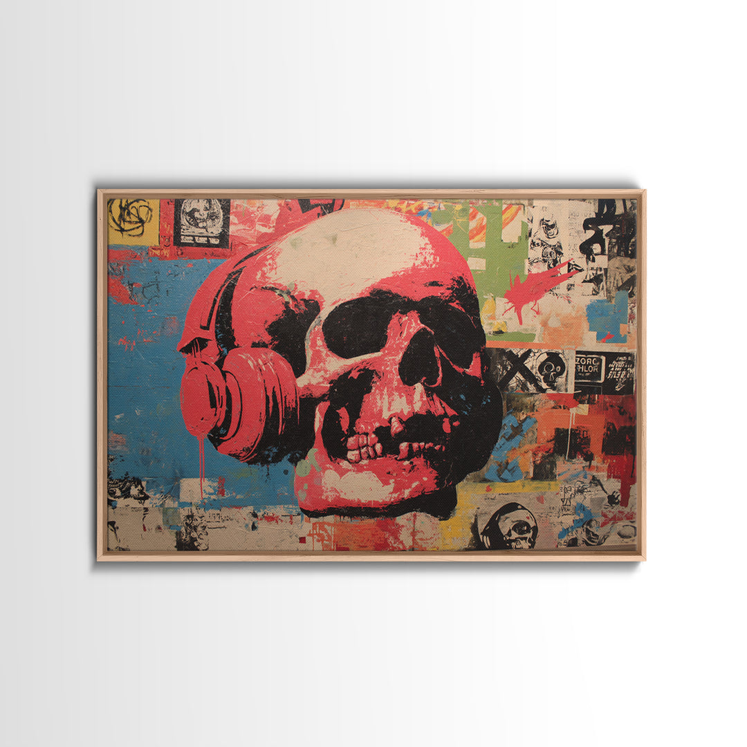 Skull and Headphones Mural Composition Framed Canvas Print, Graffiti Art, Gallery Decor, Living Room Decor, Fine Art, Street, GRF-3x2-27