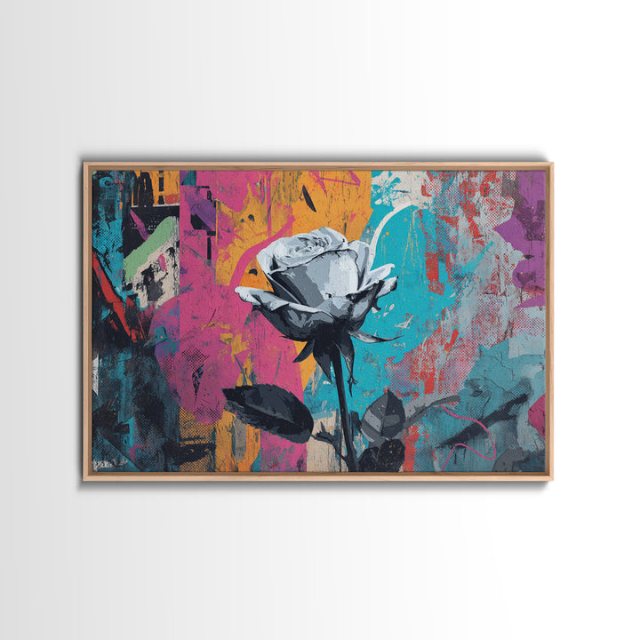Graffiti Rose Blooming from Concrete Crack Canvas Print, Graffiti Art, Neutral Decor, Living Room Decor, Fine Art, Street, GRF-3x2-73