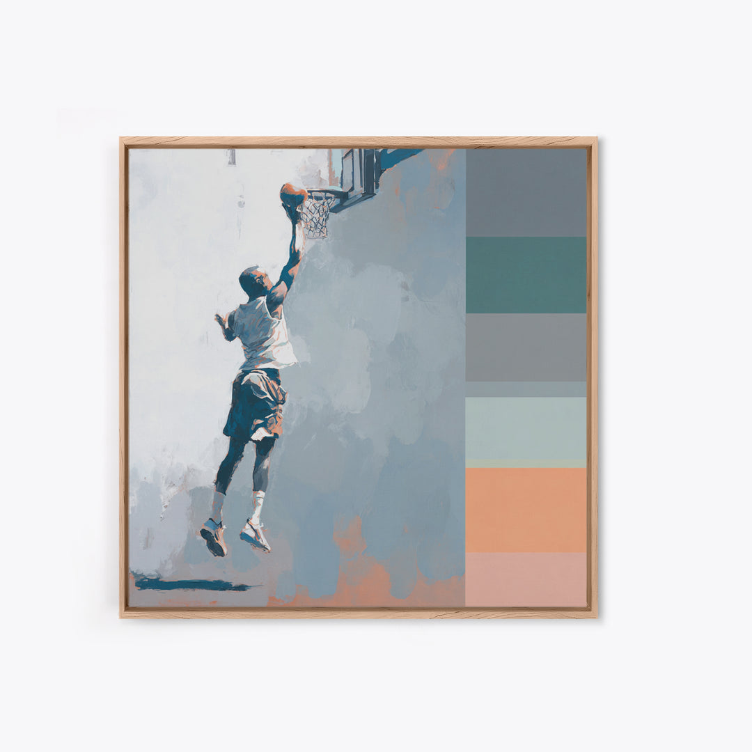 Basketball Player Dunking Through Bold Color Canvas Print, Gym Art, Speakeasy Art, Gym Decor, Oil Painting, Strength, GYM-1x1-30