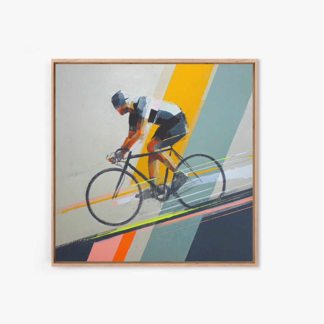 Cyclist Racing Through Neon Speed Lines Framed Canvas Print, Gym Art, Gallery Decor, Gym Decor, Fine Art, Strength, Wall Art, GYM-1x1-38