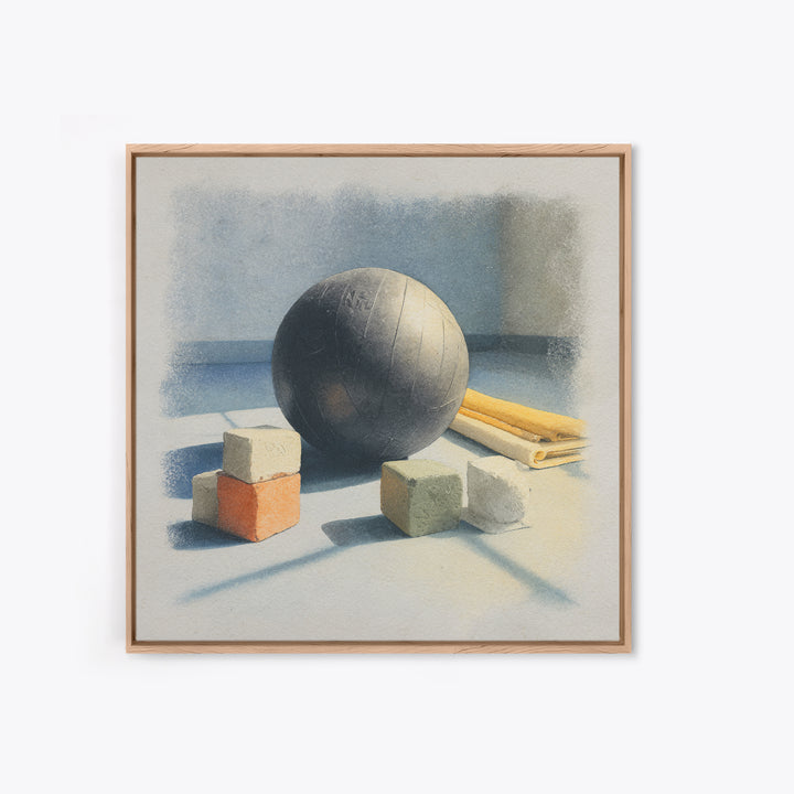 Medicine Ball and Chalk Still Life Framed Canvas Print, Gym Art, Wall Decoration, Gym Decor, Fine Art, Strength, Speakeasy Art, GYM-1x1-47