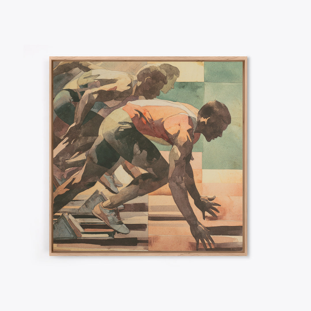 Sprinter Exploding from Starting Blocks Framed Canvas Print, Gym Art, Speakeasy Art, Gym Decor, Oil Painting, Strength, GYM-1x1-51