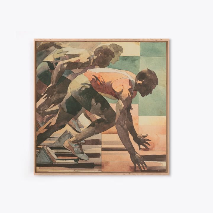 Sprinter Exploding from Starting Blocks Framed Canvas Print, Gym Art, Speakeasy Art, Gym Decor, Oil Painting, Strength, GYM-1x1-51