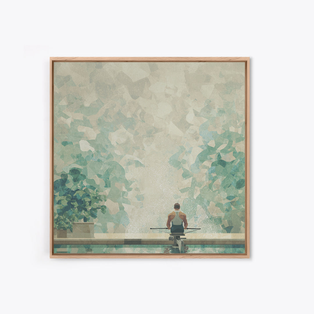 Rowing Athlete with Water Spray and Rhythm Framed Canvas Print, Gym Art, Boho Decor, Gym Decor, Oil Painting, Strength, GYM-1x1-61