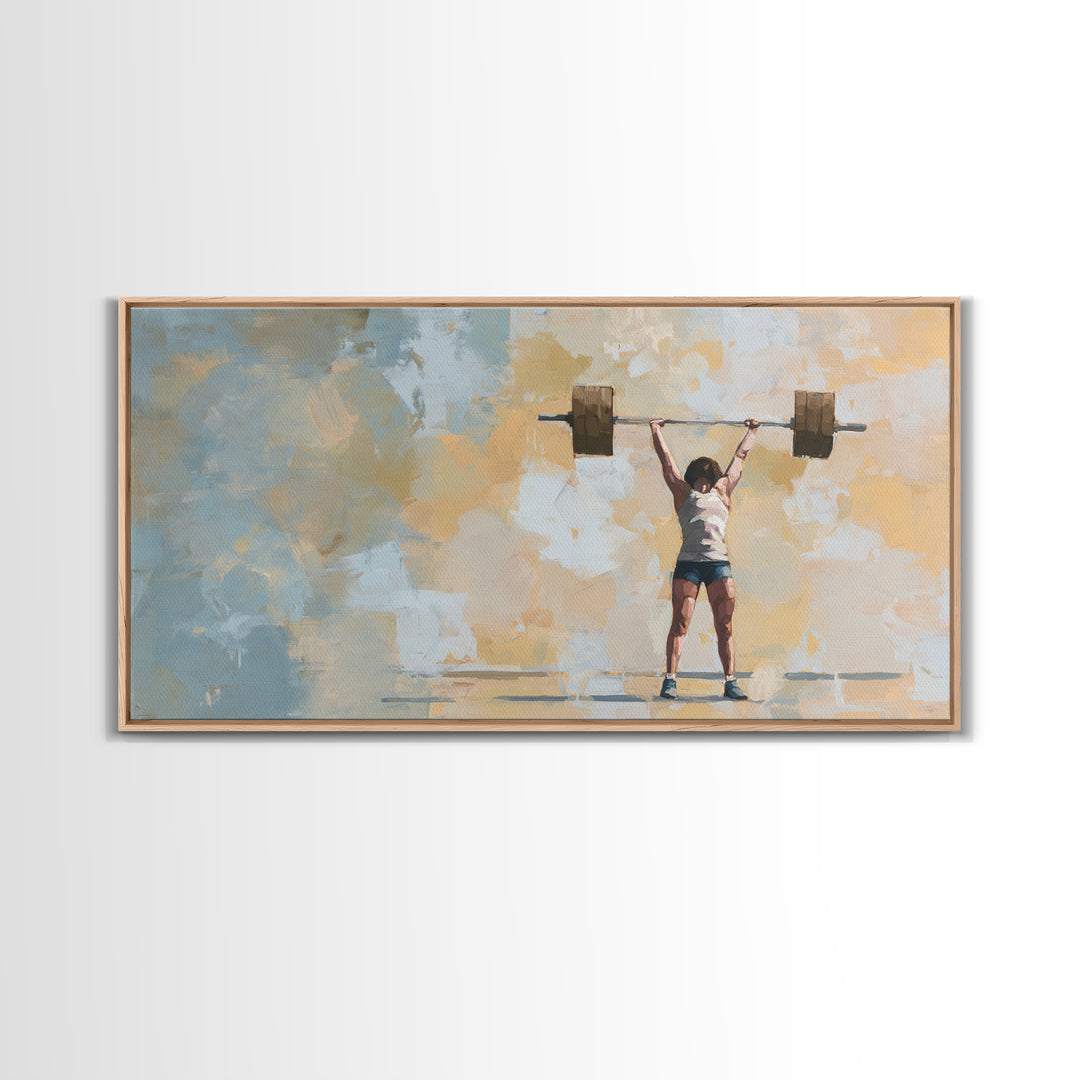 Female Weightlifter with Triumphant Stance Framed Canvas Print, Gym Art, Man Cave Decor, Gym Decor, Fine Art, Strength, GYM-2x1-3