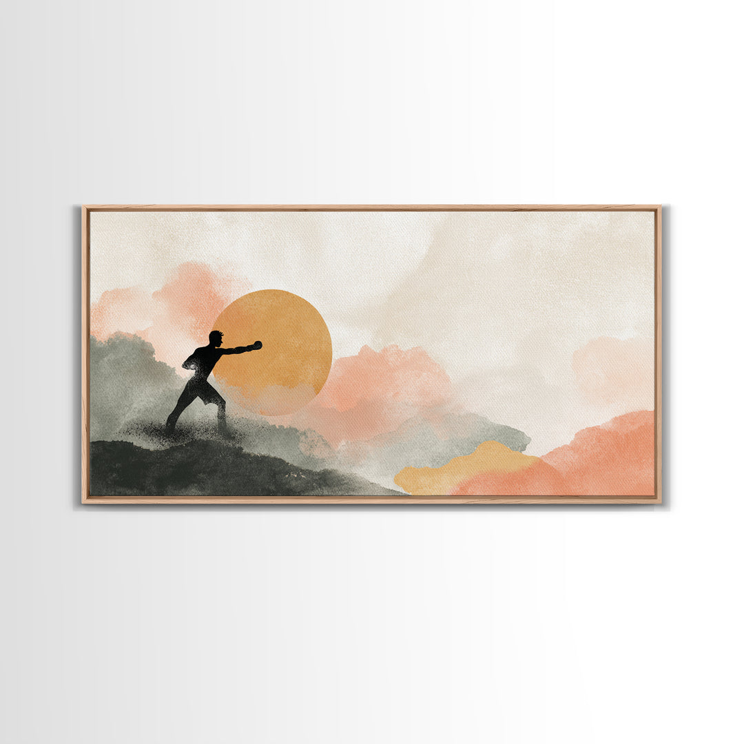 Powerful Boxer Silhouette Framed Canvas Print, Gym Art, Man Cave Decor, Gym Decor, Fine Art, Strength, Home Gym Decor, GYM-2x1-45