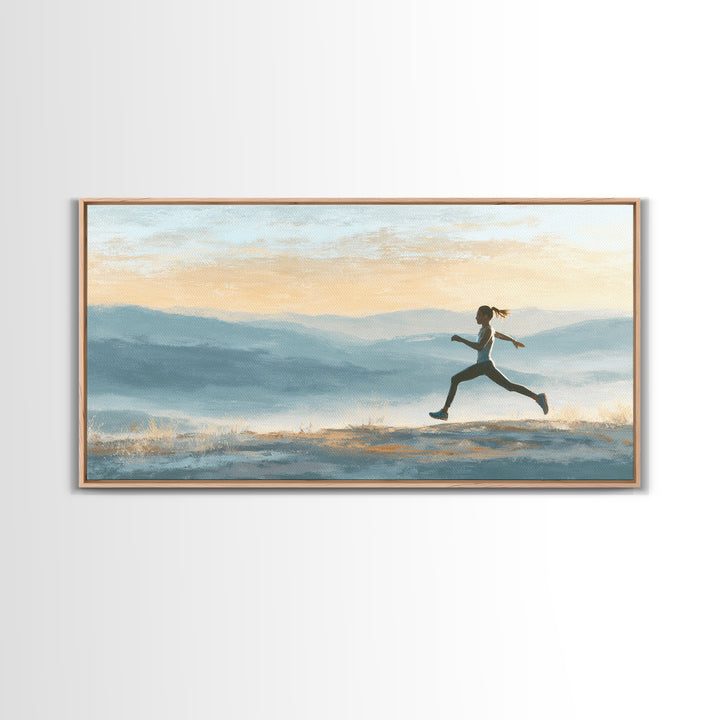 Runner on Mountain Ridge at Sunrise Framed Canvas Print, Gym Art, Canvas Wall Art, Gym Decor, Watercolor Art, Strength, GYM-2x1-56