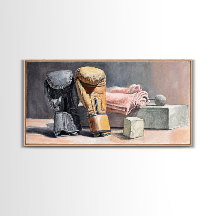 Boxing Glove and Towel Still Life Framed Canvas Print, Gym Art, Living Room Decor, Gym Decor, Oil Painting, Strength, GYM-2x1-60