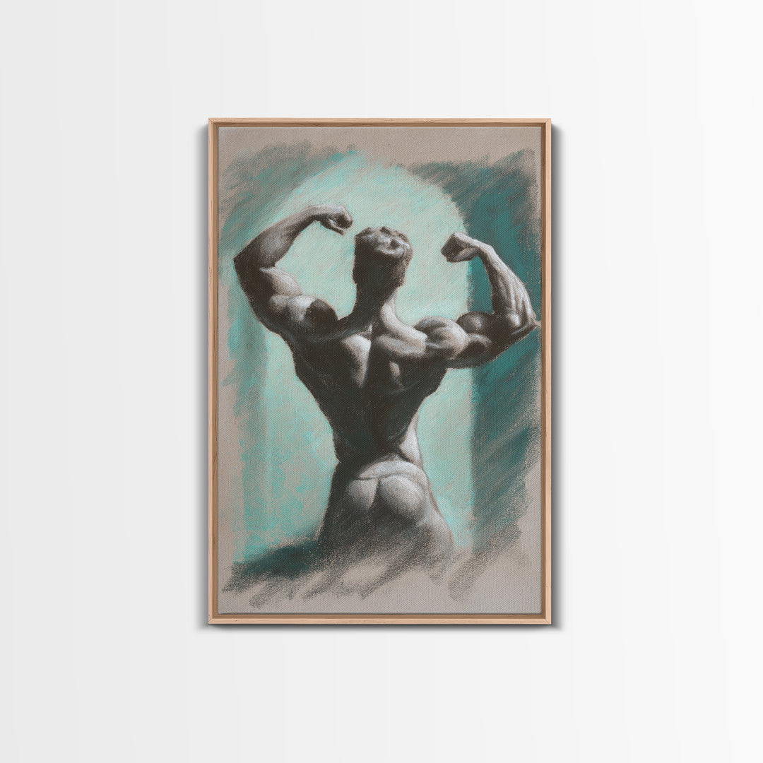 Bodybuilder Pose Rendered Framed Canvas Print, Gym Art, Living Room Decor, Gym Decor, Oil Painting, Strength, Sports Poster, GYM-2x3-12