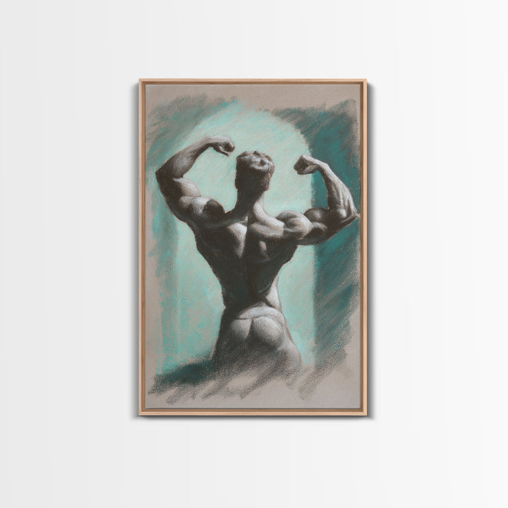 Bodybuilder Pose Rendered Framed Canvas Print, Gym Art, Living Room Decor, Gym Decor, Oil Painting, Strength, Sports Poster, GYM-2x3-12