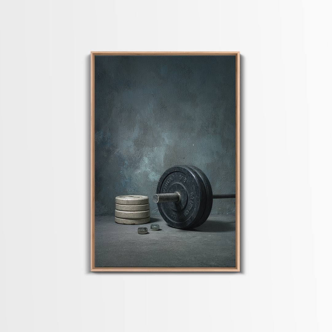 Barbell and Plates Framed Canvas Print, Gym Art, Printable Wall Art, Gym Decor, Fine Art, Strength, Sports Decor, Cool Posters, GYM-2x3-34