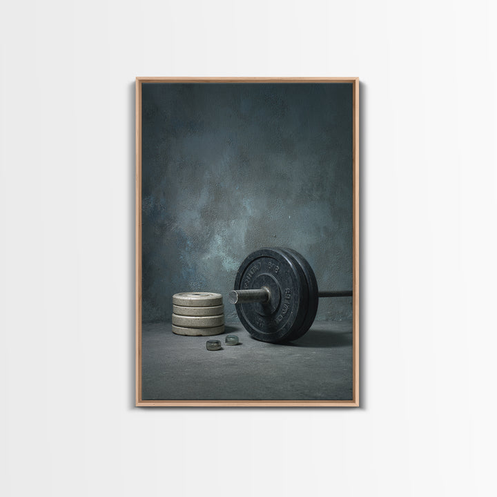 Barbell and Plates Framed Canvas Print, Gym Art, Printable Wall Art, Gym Decor, Fine Art, Strength, Sports Decor, Cool Posters, GYM-2x3-34