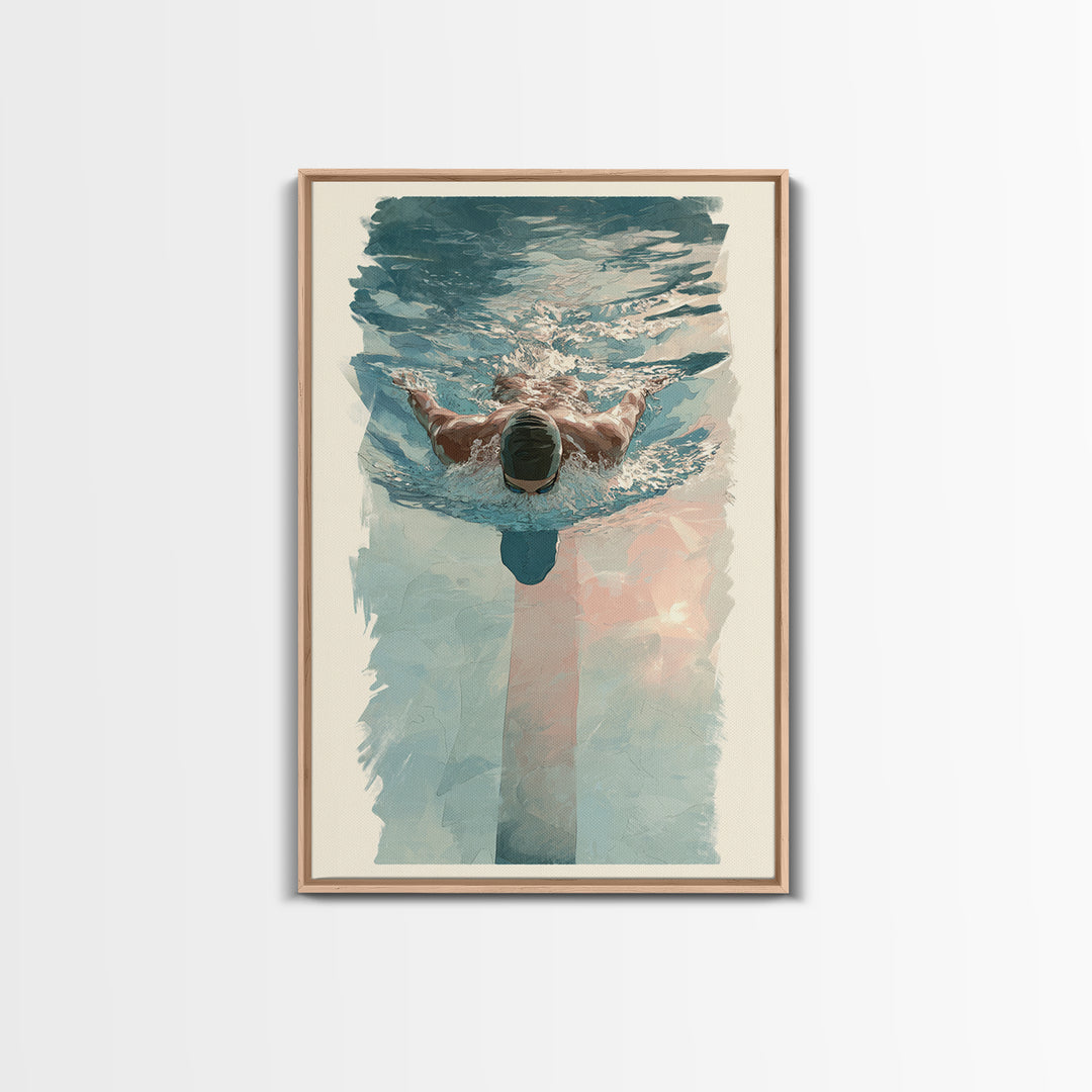 Swimmer Cutting Through Blue Water Framed Canvas Print, Gym Art, Living Room Decor, Gym Decor, Oil Painting, Strength, GYM-2x3-51