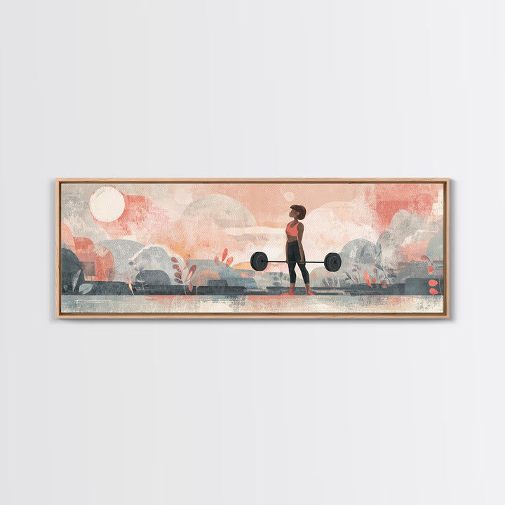 Female Weightlifter with Triumphant Stance Framed Canvas Print, Gym Art, Art Print, Gym Decor, Strength, Abstract Wall Art, GYM-3x1-23