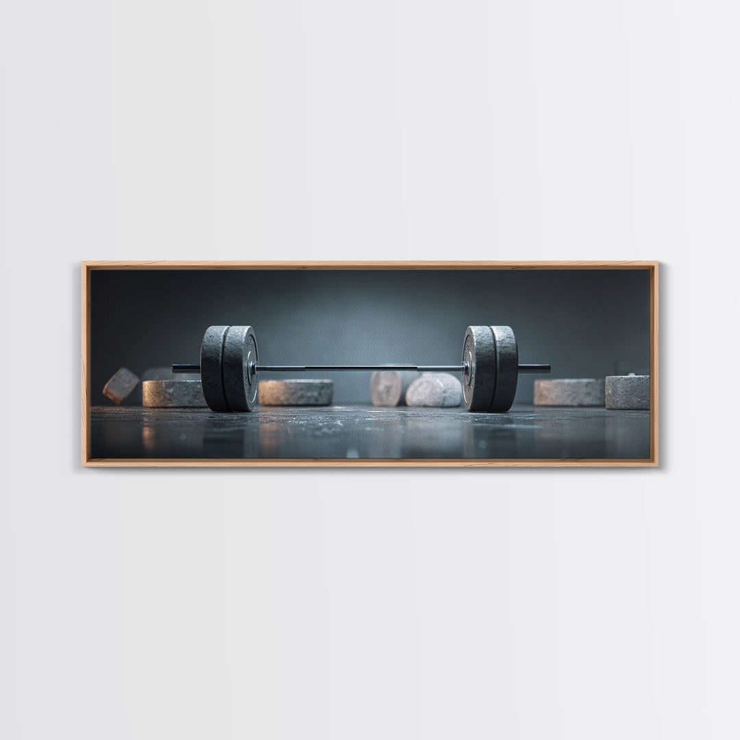 Barbell and Plates Framed Canvas Print, Gym Art, Gym Decor, Fine Art, Strength, Luxury Decor, Art Print, Room Decor, GYM-3x1-90
