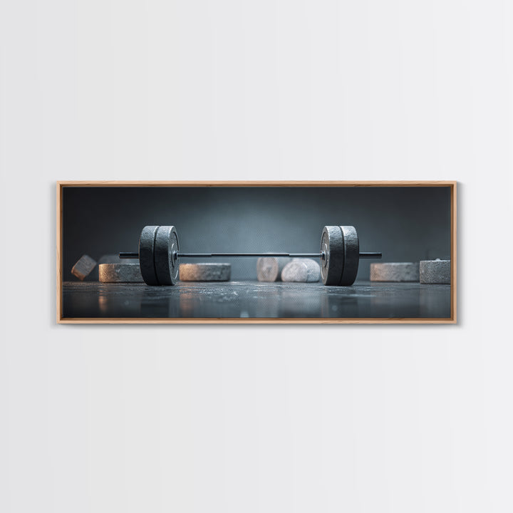 Barbell and Plates Framed Canvas Print, Gym Art, Gym Decor, Fine Art, Strength, Luxury Decor, Art Print, Room Decor, GYM-3x1-90