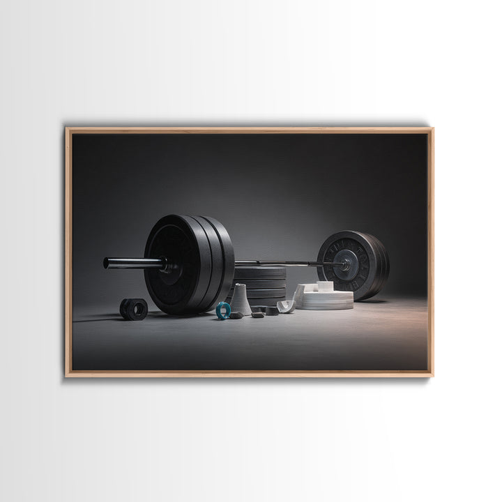 Barbell and Plates Framed Canvas Print, Gym Art, Wall Decoration, Gym Decor, Fine Art, Strength, Speakeasy Art, Home Gym Sign, GYM-3x2-6