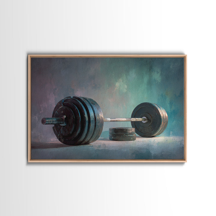 Barbell and Plates Framed Canvas Print, Gym Art, Framed Canvas, Gym Decor, Fine Art, Strength, Textured Painting, GYM-3x2-78