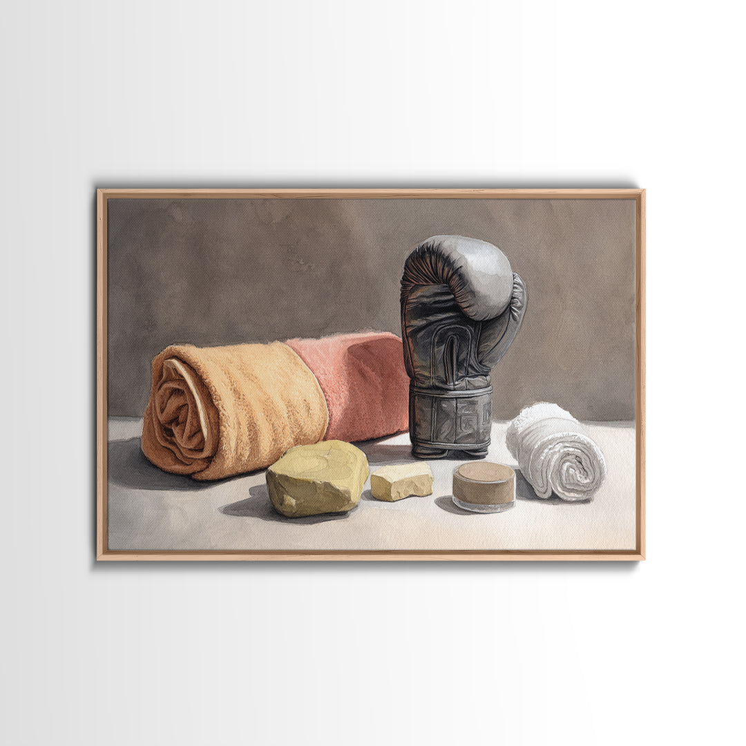 Boxing Glove and Towel Still Life Framed Canvas Print, Gym Art, Print, Gym Decor, Fine Art, Strength, Wall Decoration, GYM-3x2-92