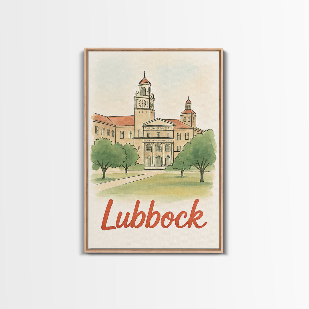 Lubbock Texas Travel Poster, Canvas Print, Watercolor City Skyline Art, Lubbock Art Print, Travel Poster Art, Home Office Decor, Wall Art