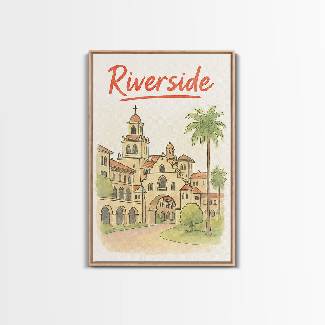 Riverside Travel Poster, Framed Canvas Print, Hand Drawn Watercolor Ar ...