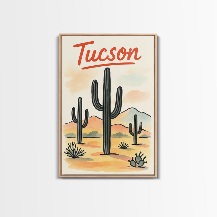 Tucson Travel Poster, Framed Canvas Print, Watercolor Urban Skyline Art, Tucson Travel Art, Gift For Travelers, City Travel Prints