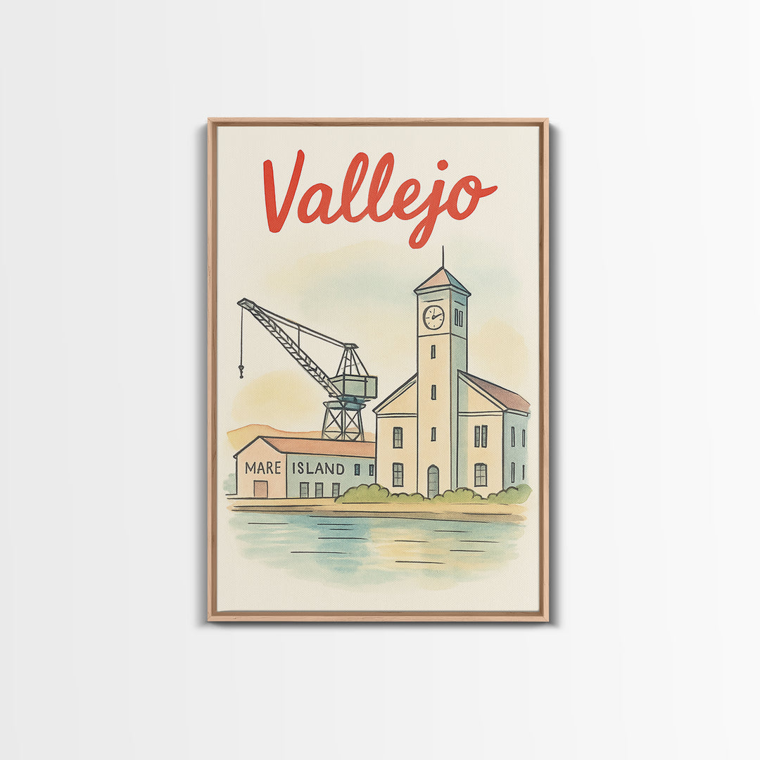Vallejo California Travel Poster, Canvas Print, Hand Drawn Watercolor Art, Vallejo Poster Print, City Travel Prints, Retro Travel Print