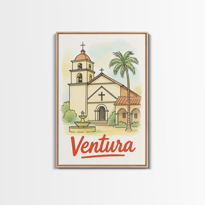 Ventura California Travel Poster, Framed Canvas Print, Illustrated City Wall Art, Ventura City Art, Travel Poster Art, Gift For Travelers