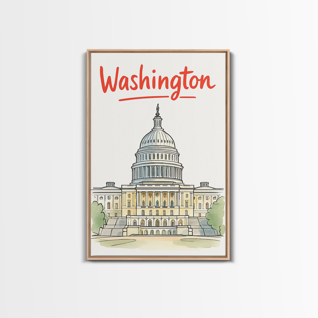 Washington Travel Poster, Framed Canvas Print, Soft Sketch Travel Art, Washington Poster Print, Travel Poster Art, City Illustration