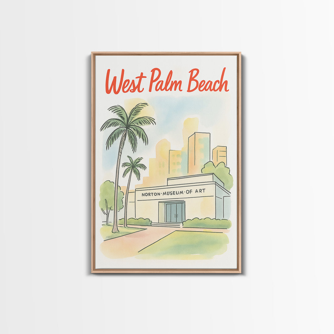 West Palm Beach Travel Poster, Framed Canvas Print, Hand Drawn Watercolor Art, West Palm Beach Wall Art, Travel Wall Decor, Fine Art Print