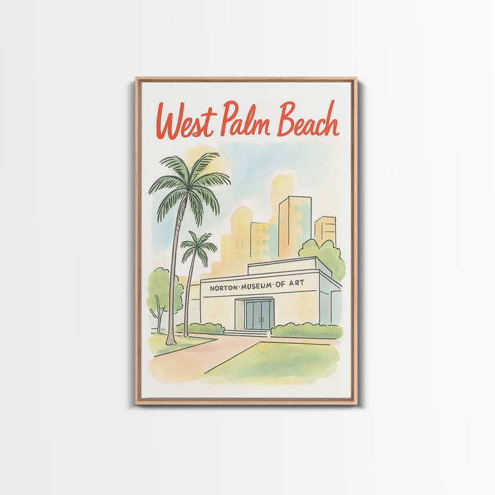 West Palm Beach Travel Poster, Framed Canvas Print, Hand Drawn Watercolor Art, West Palm Beach Wall Art, Travel Wall Decor, Fine Art Print