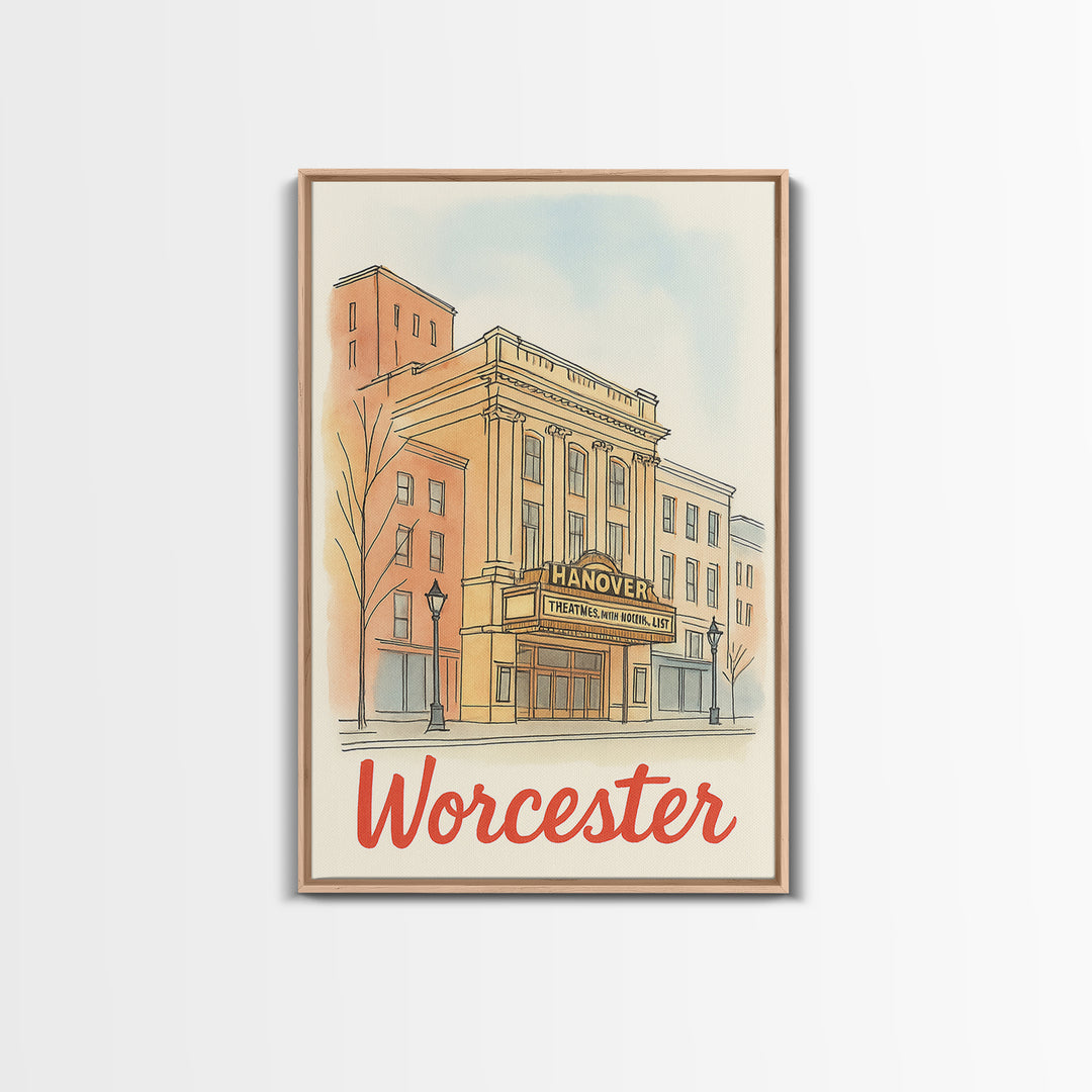 Worcester Massachusetts Travel Poster, Canvas Print, Illustrated City Wall Art, Worcester Art Print, Travel Art, Mid Century Wall Art