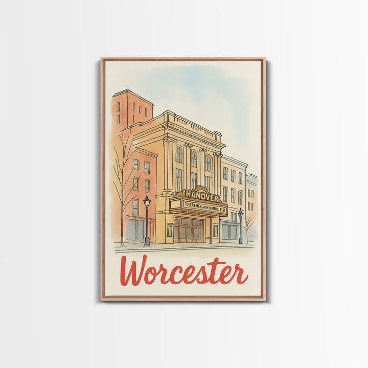 Worcester Massachusetts Travel Poster, Canvas Print, Illustrated City Wall Art, Worcester Art Print, Travel Art, Mid Century Wall Art