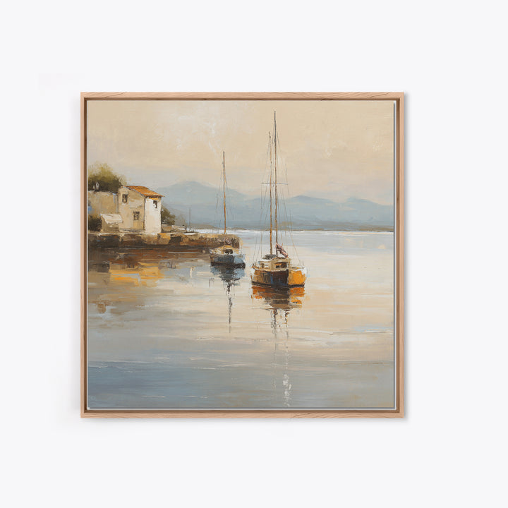 Quiet Harbor with Sailboats at Dawn Canvas Print, Hotel Art, Coastal Wall Art, Hotel Decor, Oil Painting, Boutique, HOT-1x1-22