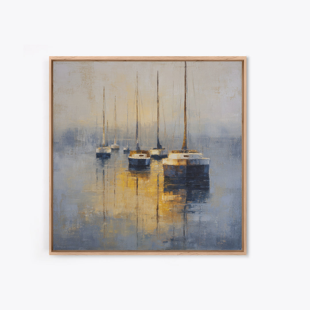 Quiet Harbor with Sailboats at Dawn Framed Canvas Print, Hotel Art, Gallery Wall Set, Hotel Decor, Fine Art, Boutique, HOT-1x1-46