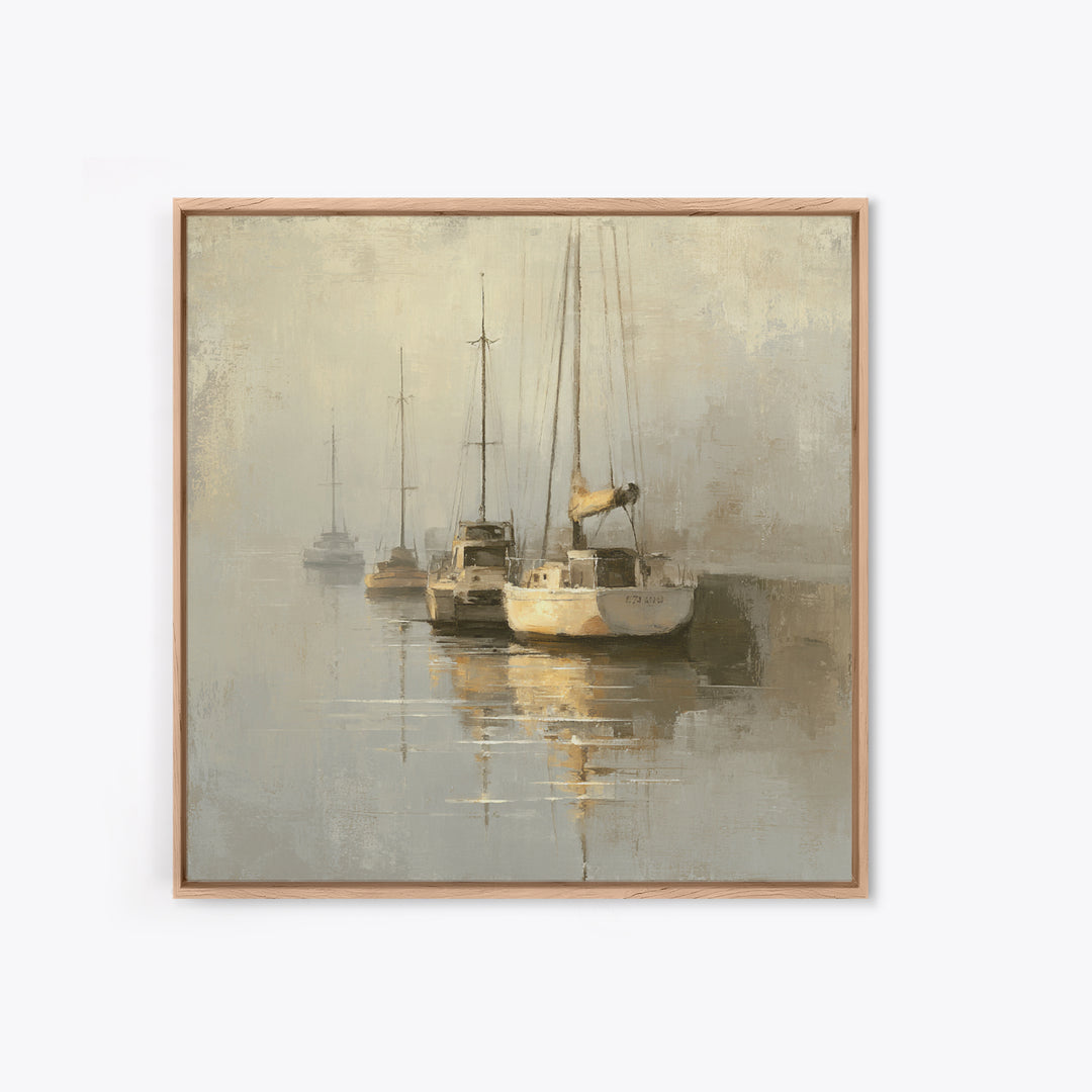 Quiet Harbor with Sailboats at Dawn Framed Canvas Print, Hotel Art, Gallery Wall Set, Hotel Decor, Fine Art, Boutique, HOT-1x1-70
