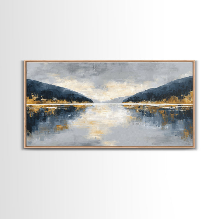 Serene Mountain Lake for Boutique Hotel Mood Framed Canvas Print, Hotel Art, Coastal Decor, Hotel Decor, Oil Painting, Boutique, HOT-2x1-100