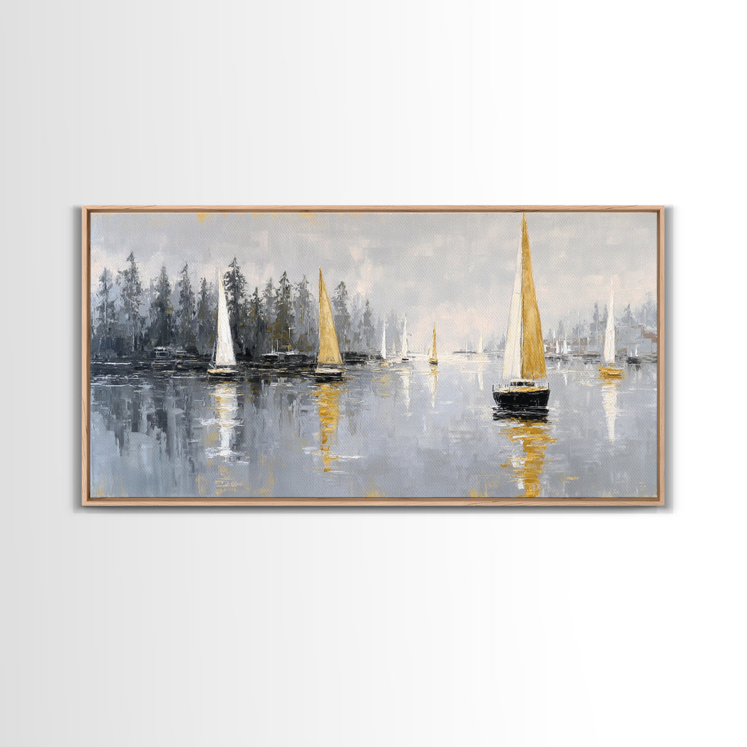 Quiet Harbor with Sailboats at Dawn Framed Canvas Print, Hotel Art, Room Decor, Hotel Decor, Fine Art, Boutique, Art Print, HOT-2x1-18