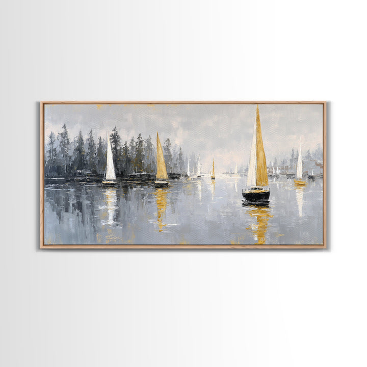 Quiet Harbor with Sailboats at Dawn Framed Canvas Print, Hotel Art, Room Decor, Hotel Decor, Fine Art, Boutique, Art Print, HOT-2x1-18