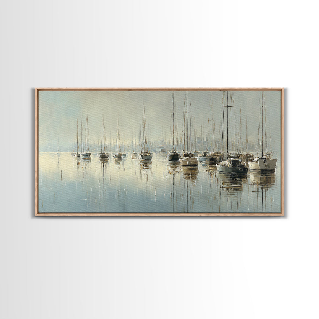 Quiet Harbor with Sailboats at Dawn Framed Canvas Print, Hotel Art, Room Decor, Hotel Decor, Fine Art, Boutique, Art Print, HOT-2x1-42