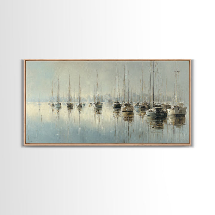 Quiet Harbor with Sailboats at Dawn Framed Canvas Print, Hotel Art, Room Decor, Hotel Decor, Fine Art, Boutique, Art Print, HOT-2x1-42