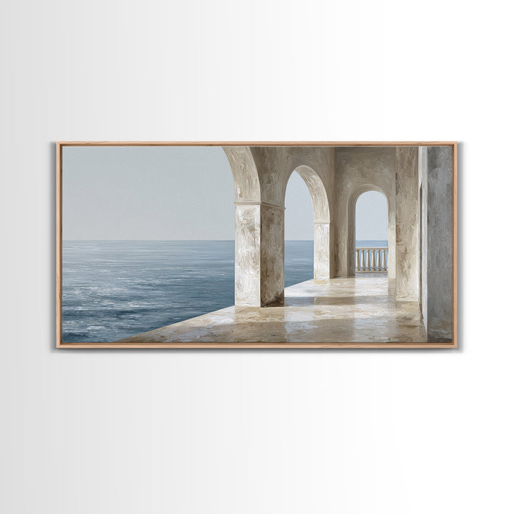 Mediterranean Terrace View Focused on Sea and Framed Canvas Print, Hotel Art, Painting, Hotel Decor, Fine Art, Boutique, HOT-2x1-7
