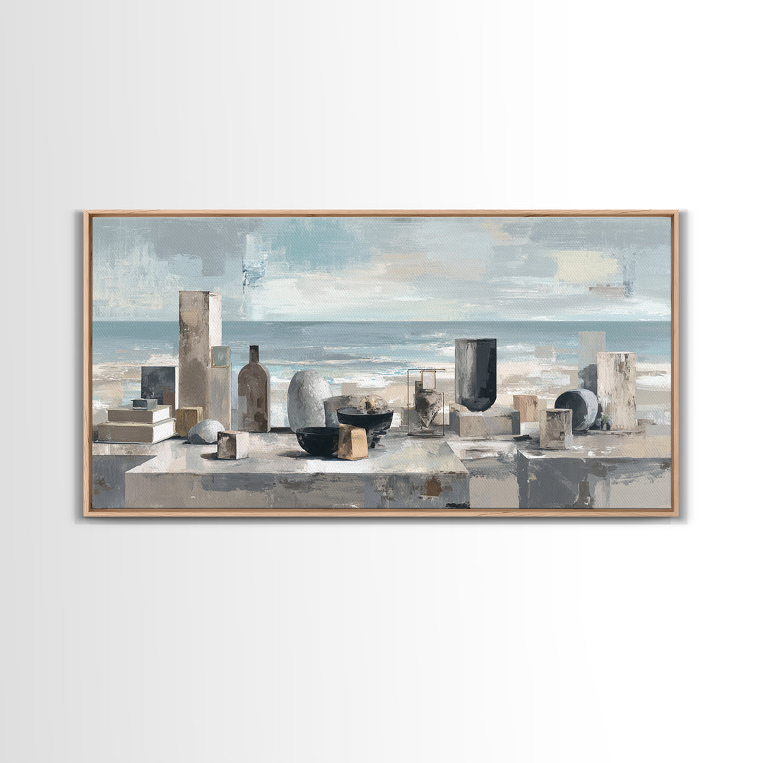 Mediterranean Terrace View Focused on Sea and Framed Canvas Print, Hotel Art, Travel Poster, Hotel Decor, Fine Art, Boutique, HOT-2x1-79