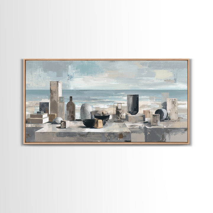 Mediterranean Terrace View Focused on Sea and Framed Canvas Print, Hotel Art, Travel Poster, Hotel Decor, Fine Art, Boutique, HOT-2x1-79