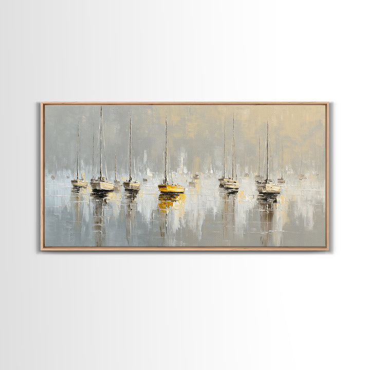 Quiet Harbor with Sailboats at Dawn Framed Canvas Print, Hotel Art, Hotel Decor, Oil Painting, Boutique, Modern Wall Art, HOT-2x1-90