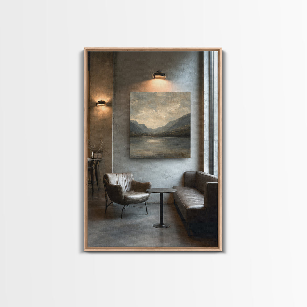Serene Mountain Lake for Boutique Hotel Mood Framed Canvas Print, Hotel Art, Painting, Hotel Decor, Fine Art, Boutique, HOT-2x3-64