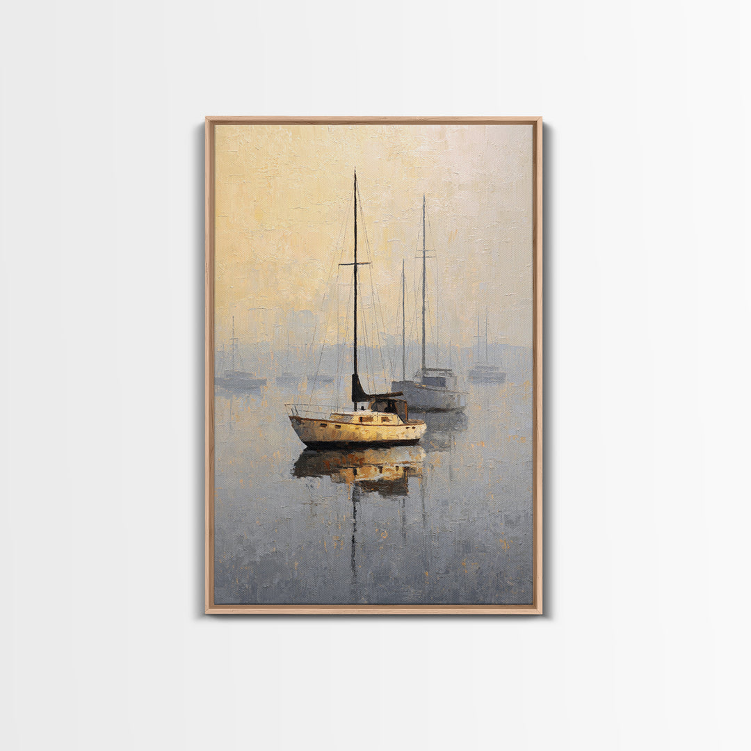 Quiet Harbor with Sailboats at Dawn Framed Canvas Print, Hotel Art, Mid Century Modern, Hotel Decor, Fine Art, Boutique, HOT-2x3-78