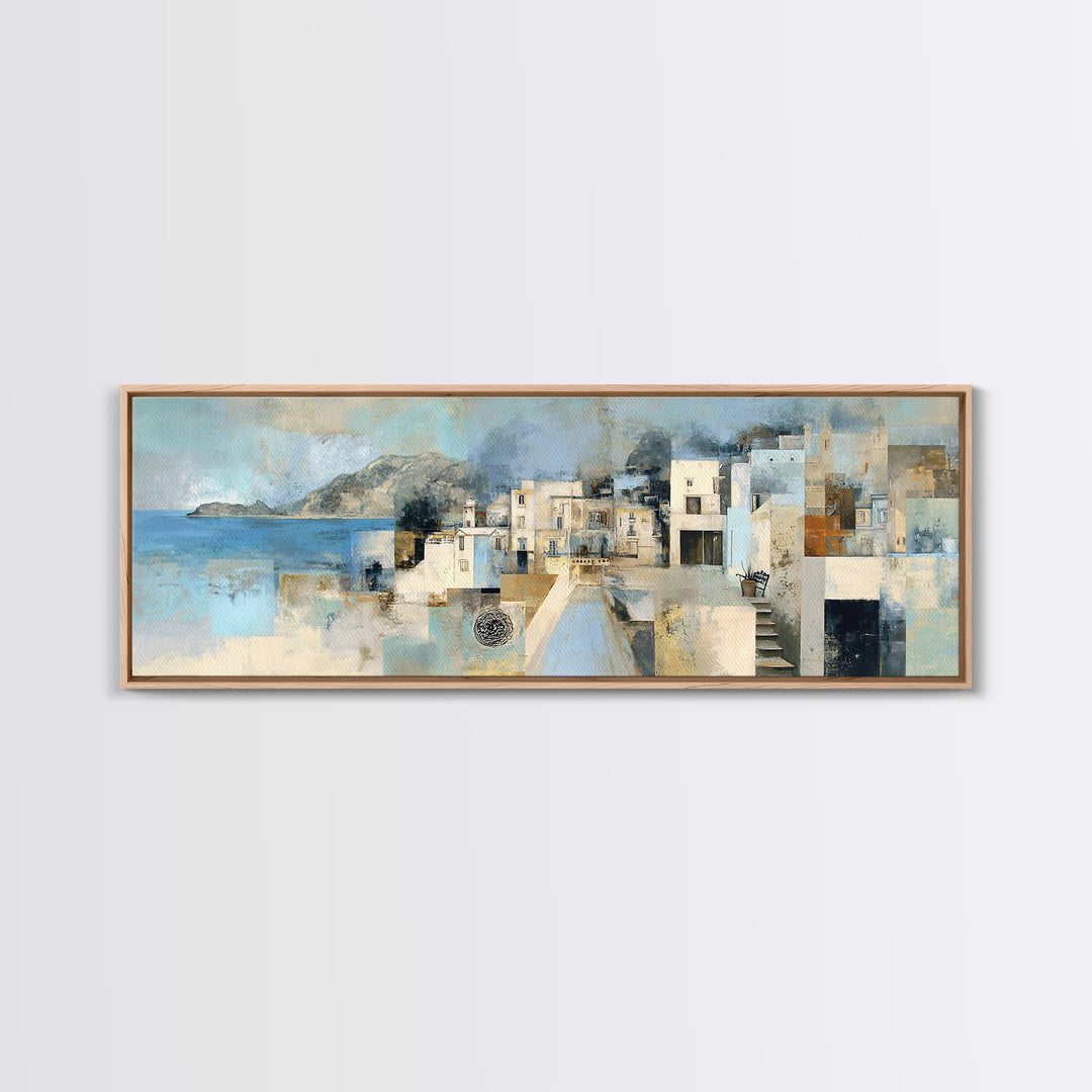 Mediterranean Terrace View Focused on Sea and Framed Canvas Print, Hotel Art, Textured Painting, Hotel Decor, Boutique, HOT-3x1-27