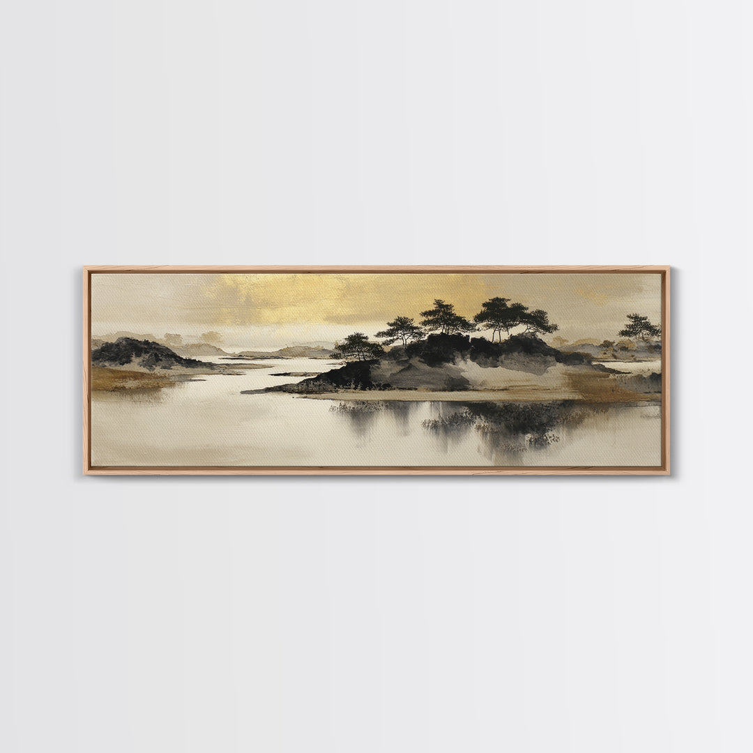 Japanese Ink Landscape Canvas Print, Hotel Art, Art Deco, Hotel Decor, Boutique, Minimalist Wall Art, Gallery Wall Art, HOT-3x1-34